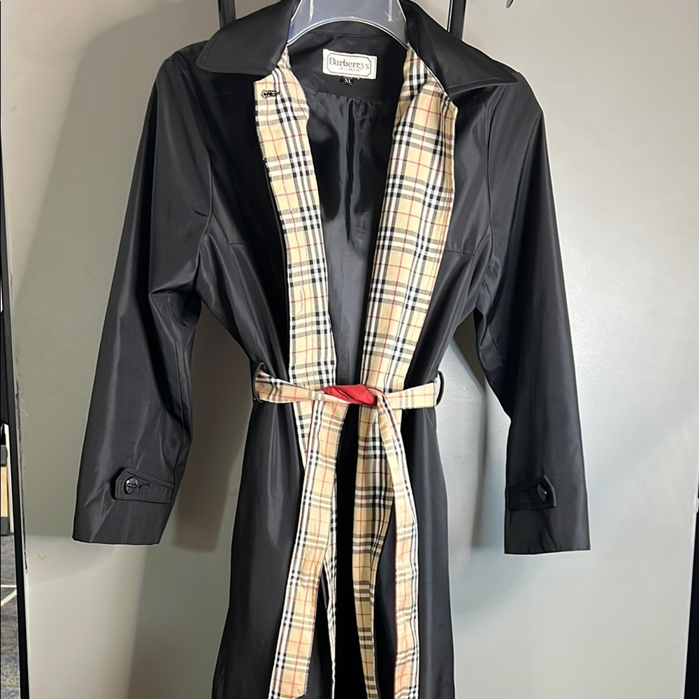 Burberry Black Trench Coat with Check Trim